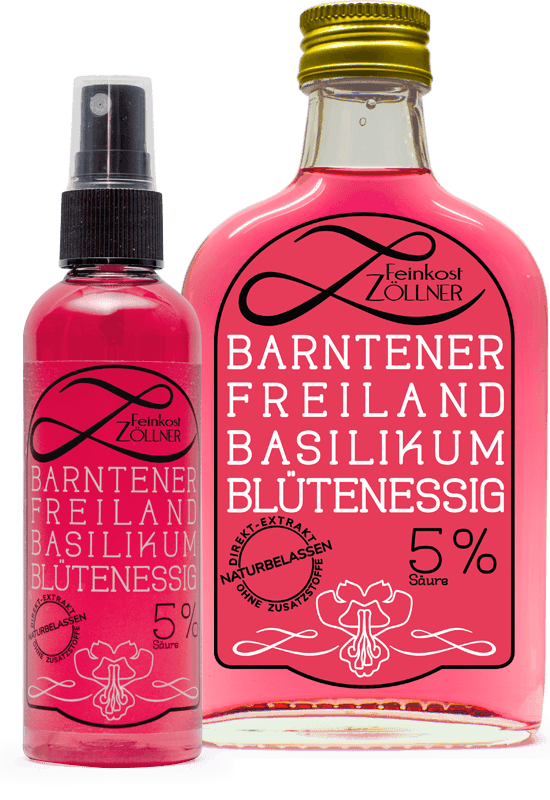 Fotos von Flaschen mit pink-farbenem Basilikumblütenessig